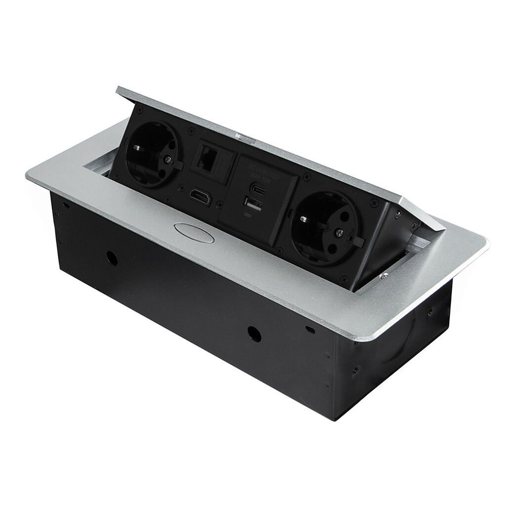 Multistecker Atom 26, 225x111mm, 2 Schuko-Stecker, 1 USB Typ A, 1 USB Typ C, 1 RJ45, 1 HDMI, Zamak-Stahl-Kunststoff, Metallic Grau-Primary
