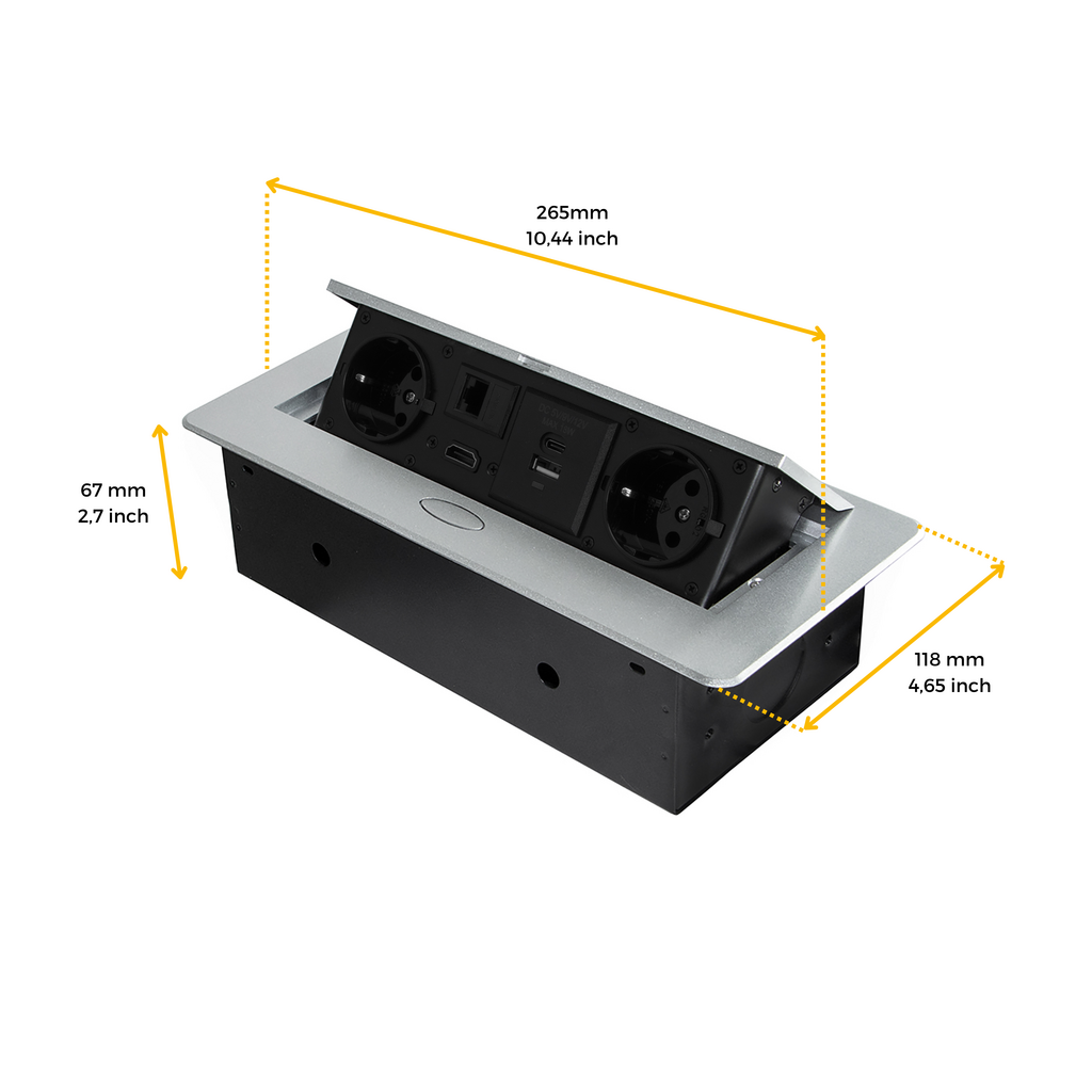 Multistecker Atom 26, 225x111mm, 2 Schuko-Stecker, 1 USB Typ A, 1 USB Typ C, 1 RJ45, 1 HDMI, Zamak-Stahl-Kunststoff, Metallic Grau-2