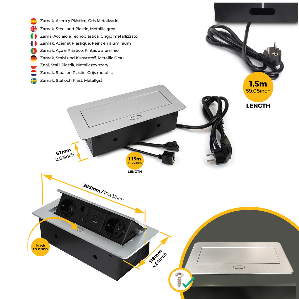 Multistecker Atom 26, 225x111mm, 2 Schuko-Stecker, 1 USB Typ A, 1 USB Typ C, 1 RJ45, 1 HDMI, Zamak-Stahl-Kunststoff, Metallic Grau-9
