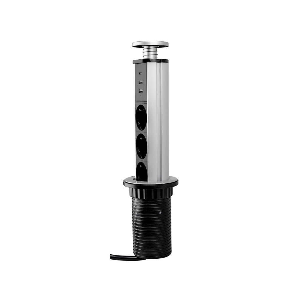 Vertikal uitschuifbare multi-connector, 3 x Schuko-plug, 1 x USB Type A, 1 x USB Type C, Plastic en Aluminium, Grijs metallic-6