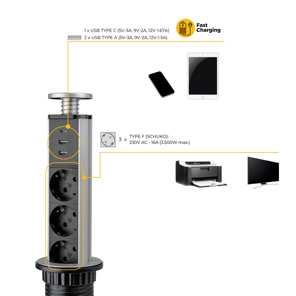 Vertikal uitschuifbare multi-connector, 3 x Schuko-plug, 1 x USB Type A, 1 x USB Type C, Plastic en Aluminium, Grijs metallic-11