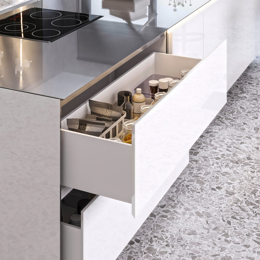 Aussenschublade Vertex 40Kg Höhe 93mm mit Push Sincro2, Tiefe 500mm, Stahl, Weiß lackiert-3