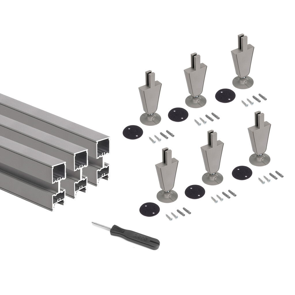 Lot of 3 Zero frames with fittings and profiles for floor and ceiling mounting with circular levellers, Steel and Zamak, Painted stone stone grey.-Primary