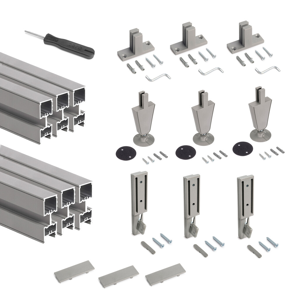 Lot of 3 Zero frames with fittings and profiles for floor and wall mounting with circular levellers, Aluminium and Zamak, Stone grey, with levellers.-Primary