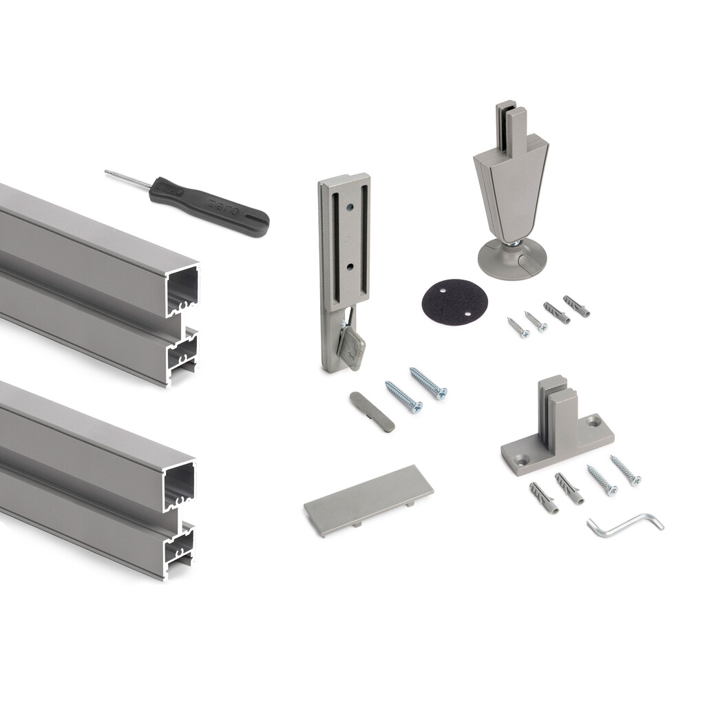 Lot of 3 Zero frames with fittings and profiles for floor and wall mounting with circular levellers, Aluminium and Zamak, Stone grey, with levellers.-3