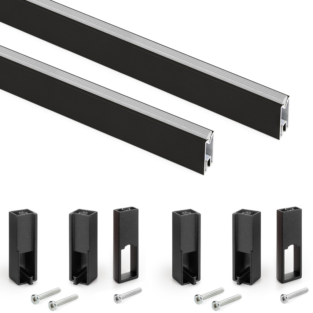 Lot de 2 rails de penderie Luxe de 1,15 m de long avec supports, Aluminium et Plastique, Peint en noir texturé-Primary