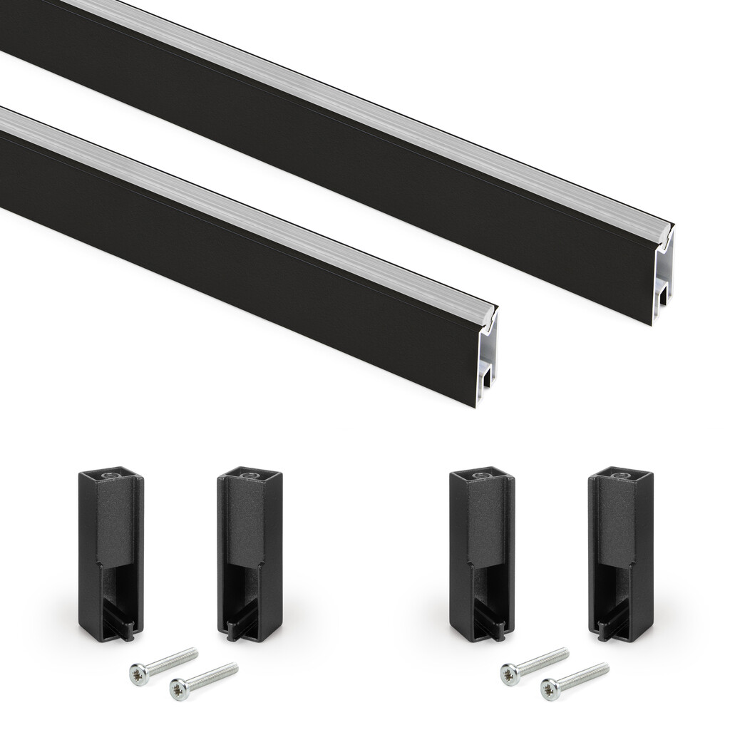 Lot de 2 rails de penderie Luxe de 0,75 m de long avec supports, Aluminium et Plastique, Peint en noir texturé-Primary