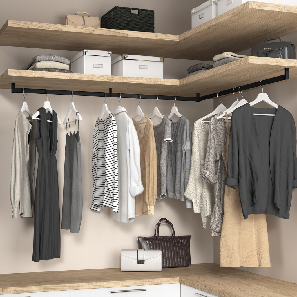 Lot de 2 rails de penderie Luxe de 0,75 m de long avec supports, Aluminium et Plastique, Peint en noir texturé-4