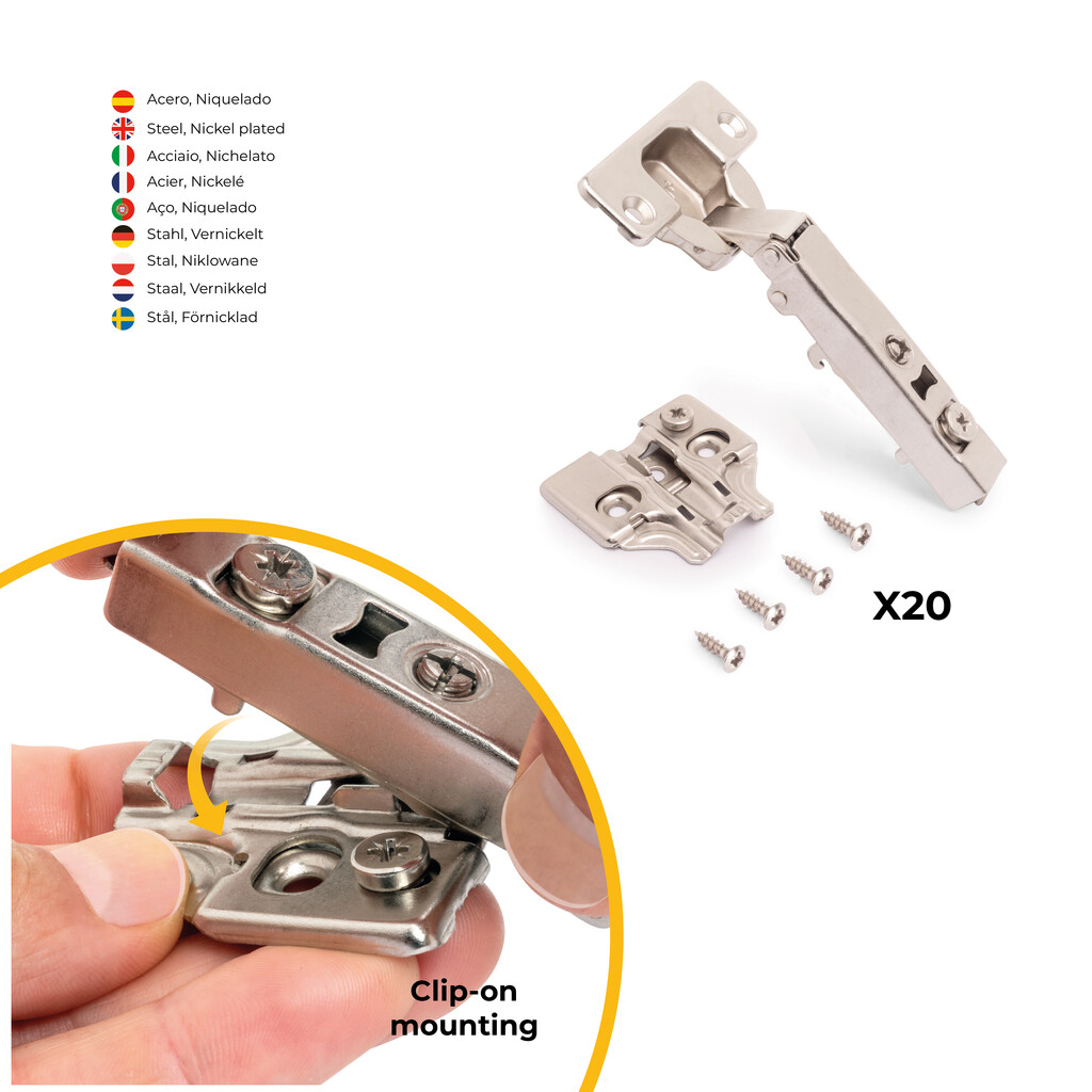 Kit von 20 Topfscharnierr X92N Eckanschlag, Kreuzmontageplatte zum Schrauben, Höhe 0, Stahl, vernickelt-5