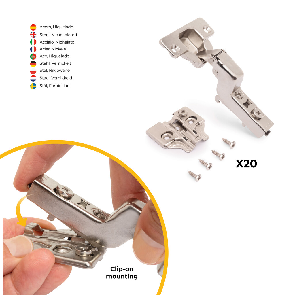Lot of 20 X92 inset hinges with soft closing and screw-on plates, Steel, Nickel Plated-4