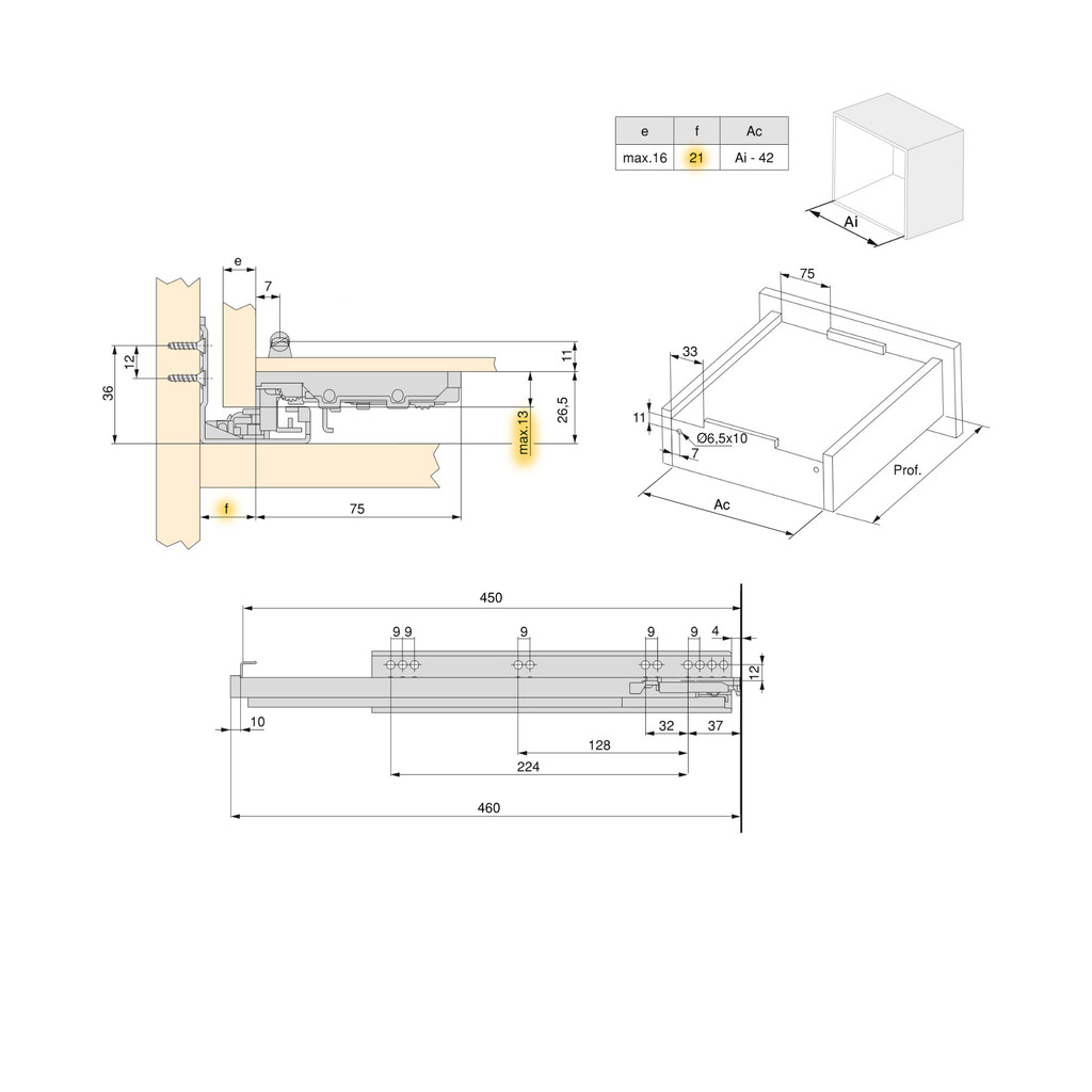 Satz Unterflurführungen Silver, Vollauszug, mit Schließautomatik und Halterung, Tiefe 450mm, Stahl, Verzinkt-1