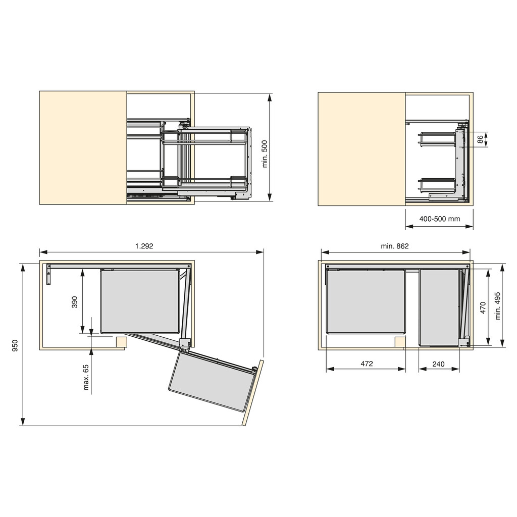 Pull-out corner pull-out corner for Titane kitchen furniture, right-hand opening, Steel and Wood, Anthracite grey-1