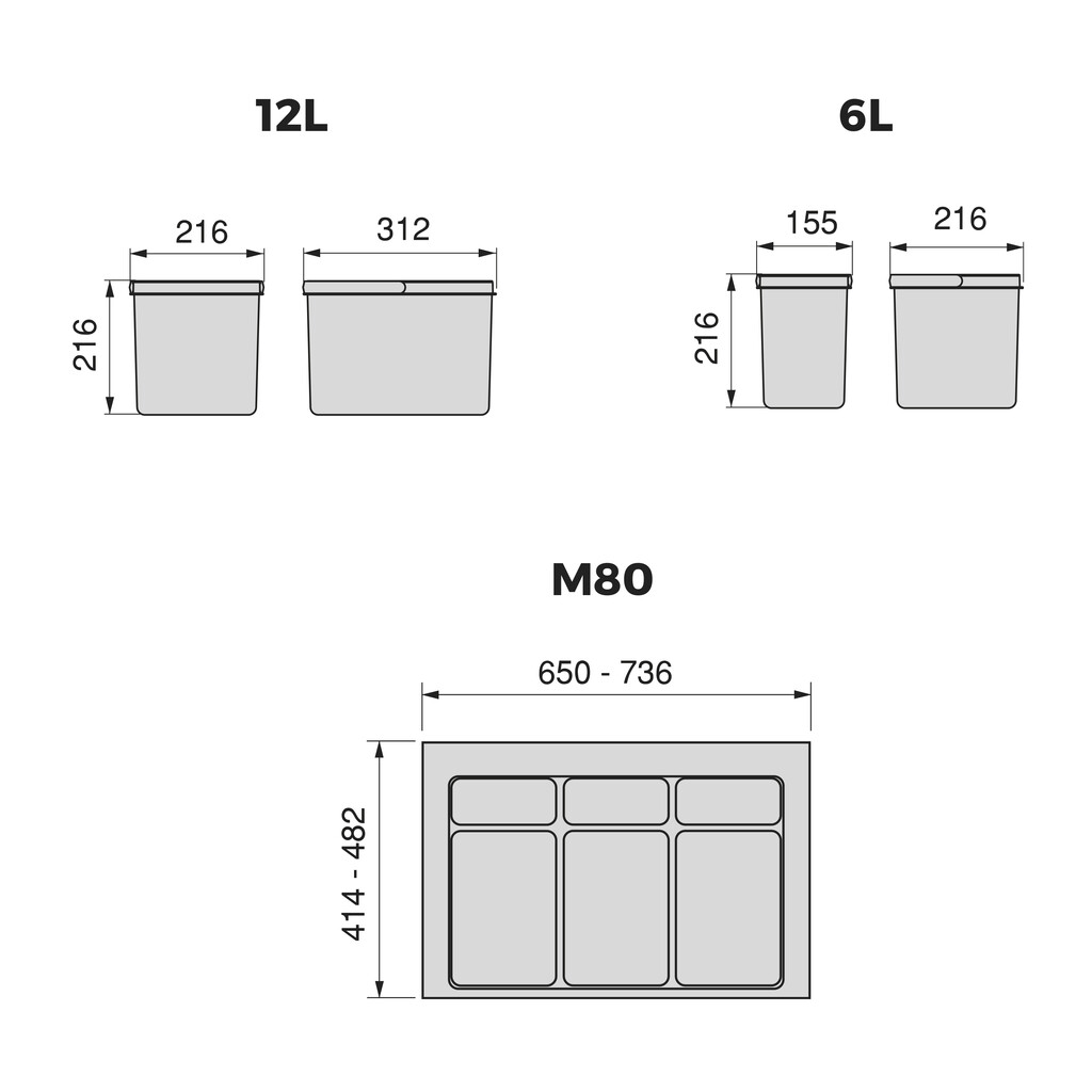 Lot RecycleRecyclingbehälterRecycle für Küchenschublade mit Boden Höhe 216mm, 2x12Liter, 2x6Liter, Modul 800mm, Kunststoff Anthrazitgrau-1