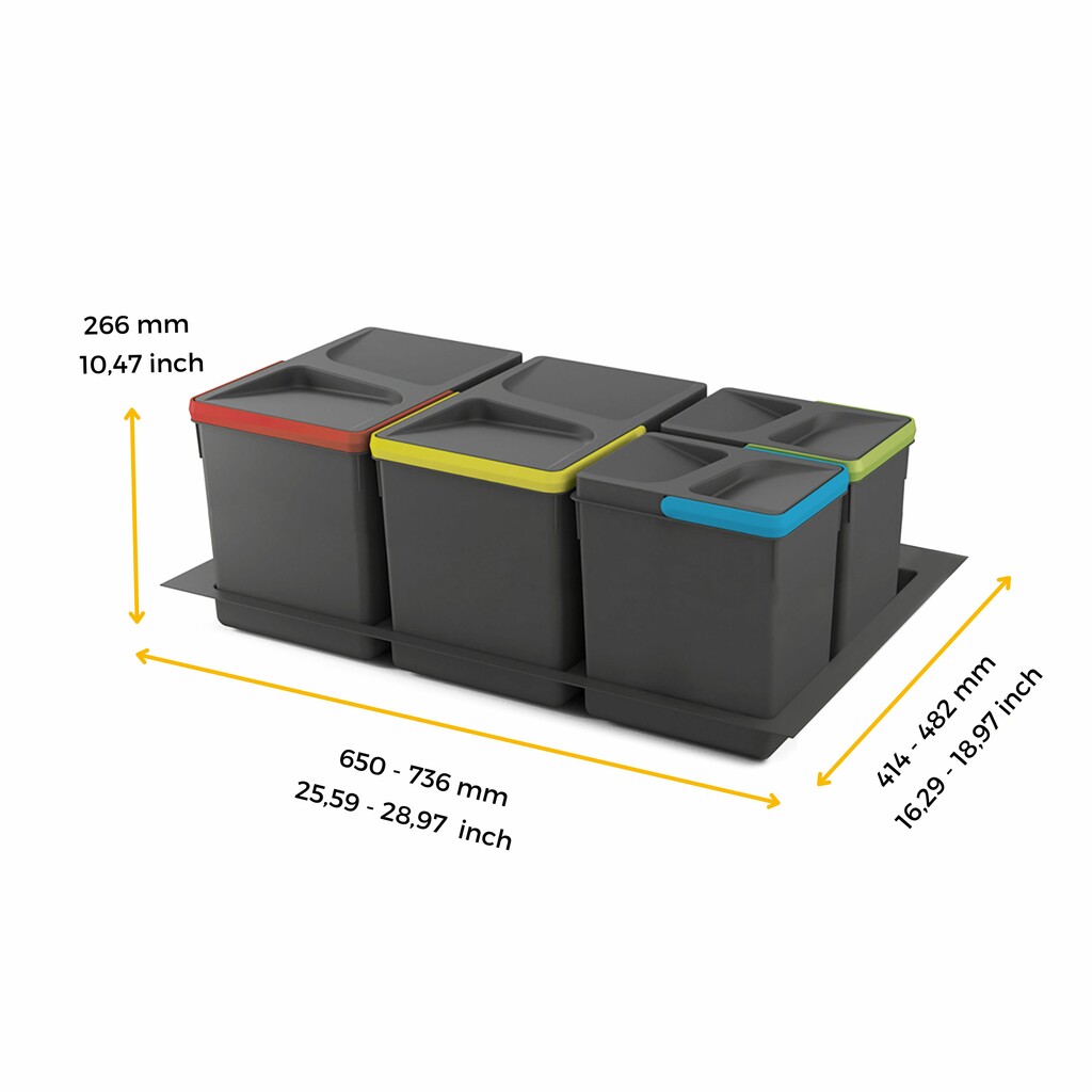Kit poubelle de tri sélectif pour tiroir de cuisine avec socle Recycle hauteur 266mm, 2x15litres, 2x7litres, module 800mm, Plastique Gris antracite-2