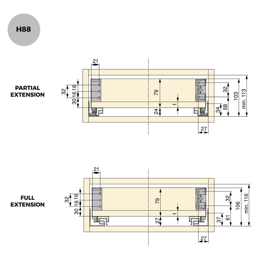 Jeu de côtés pour tiroirs Simplex Hauteur 88mm, profondeur 390mm, Acier, Peint en blanc-2