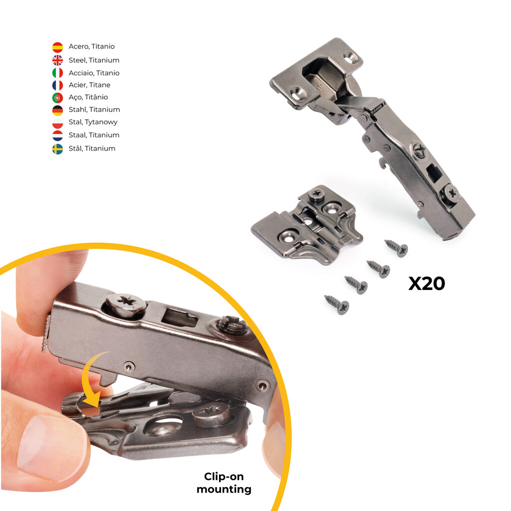 Lot of 20 X91 full Overlay hinges with soft closing and Screw-on plates, Height 0, Steel, Titanium-5