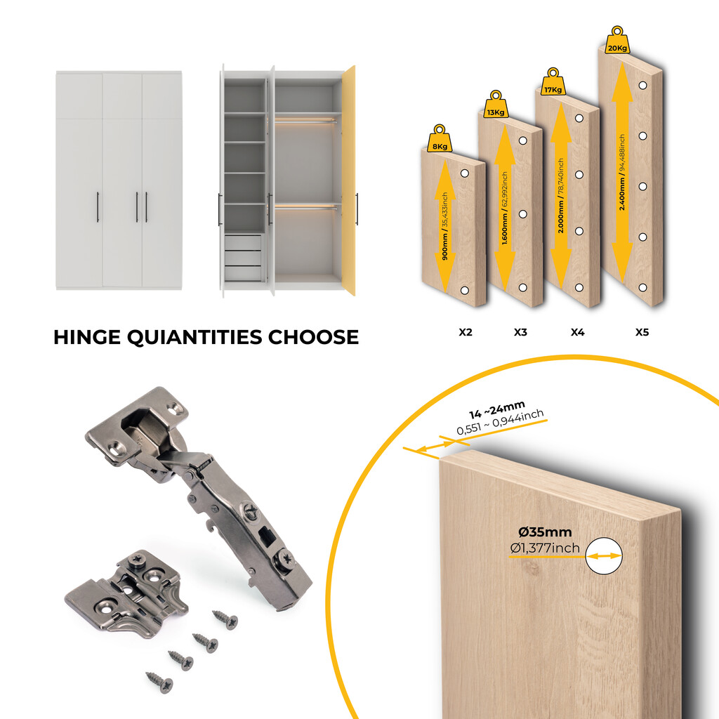 Lot of 20 X91 full Overlay hinges with soft closing and Screw-on plates, Height 0, Steel, Titanium-9