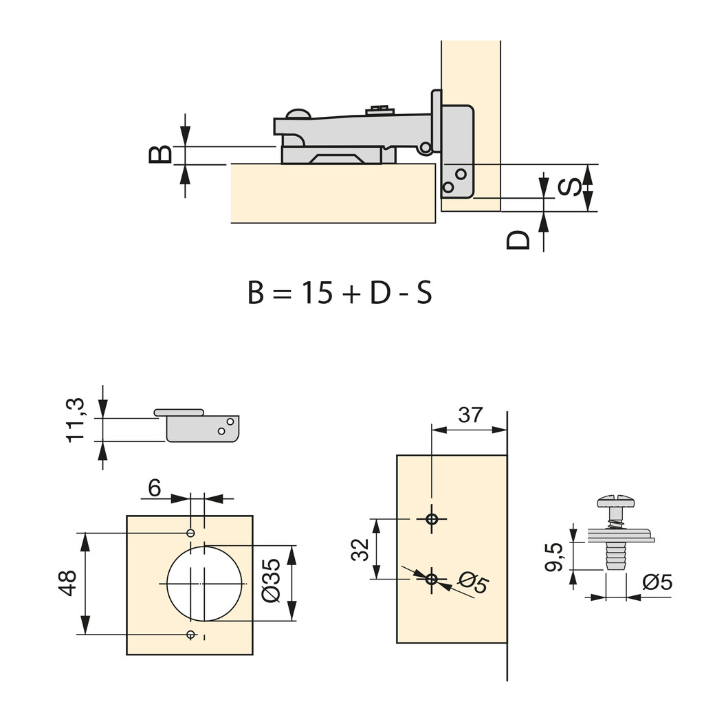 Kit von 20 Topfscharniere X91 Eckanschlag, Schließautomatik, Montageplatten mit vormontiereten Schrauben und Spreizdübeln, Durchmesser 5x9,5mm, Höhe 0, Stahl, vernickelt-1