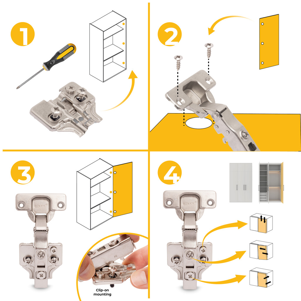 Kit von 20 Topfscharniere X91 Eckanschlag, Schließautomatik, Montageplatten mit vormontiereten Schrauben und Spreizdübeln, Durchmesser 5x9,5mm, Höhe 0, Stahl, vernickelt-9