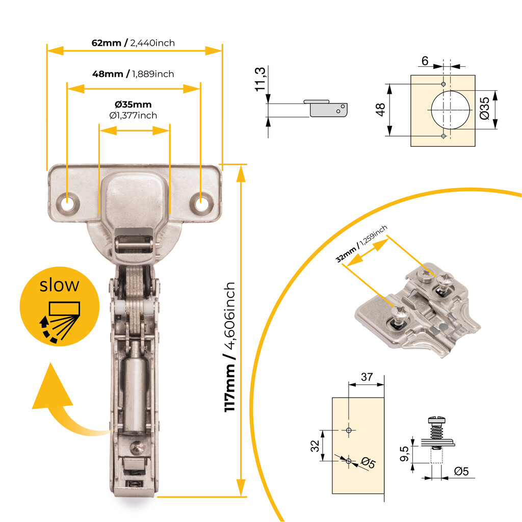 Kit von 20 Topfscharniere X91 Eckanschlag, Schließautomatik, Montageplatten mit vormontiereten Schrauben und Spreizdübeln, Durchmesser 5x9,5mm, Höhe 0, Stahl, vernickelt-5