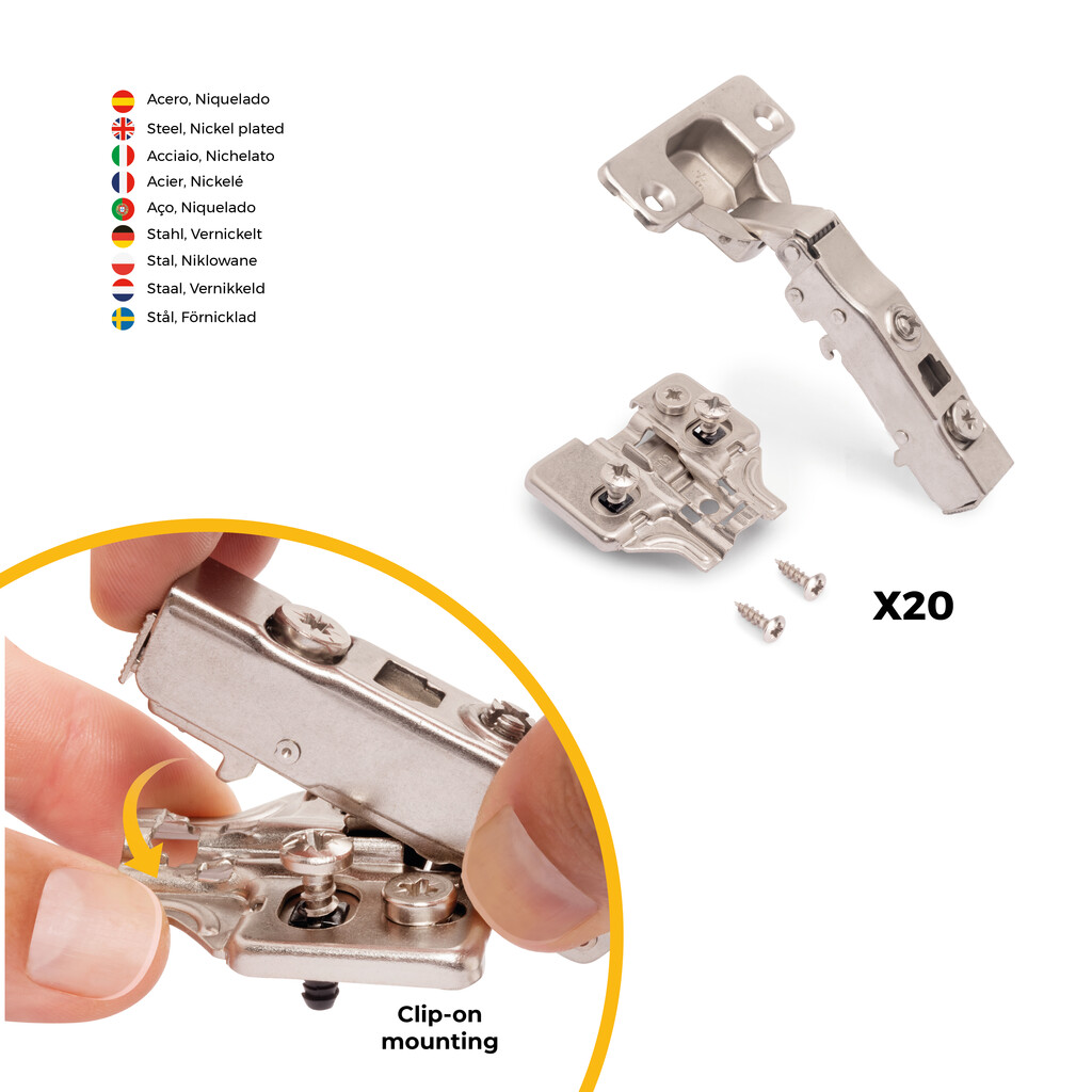 Kit von 20 Topfscharniere X91N Eckanschlag, Montageplatten mit vormontiereten Schrauben und Spreizdübeln , Durchmesser 5x9.5mm, Höhe 0, Stahl, vernickelt-4