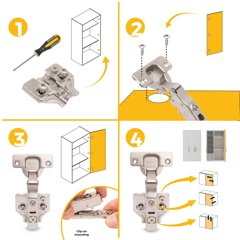Kit von 20 Topfscharniere X91N Eckanschlag, Montageplatten mit vormontiereten Schrauben und Spreizdübeln , Durchmesser 5x9.5mm, Höhe 0, Stahl, vernickelt-9