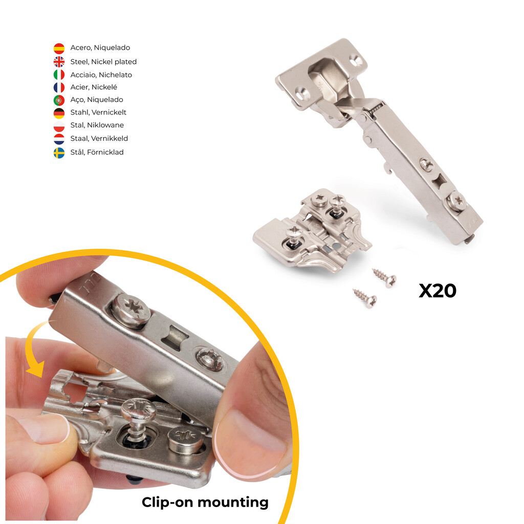 Lote de 20 bisagras rectas X92 con cierre suave y suplementos montaje mixto, Diámetro 5x9.5mm, Altura 0, Acero, Níquel-4