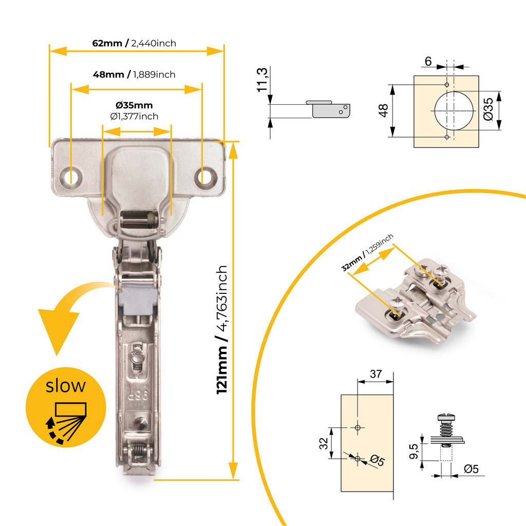 Lote de 20 bisagras rectas X92 con cierre suave y suplementos montaje mixto, Diámetro 5x9.5mm, Altura 0, Acero, Níquel-5