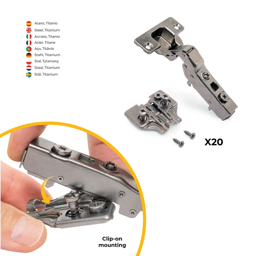 Lot of 20 X91 half Overlay hinges with soft closing and Euro screw plates, Height 0, Nickel Plated, Titanium-5