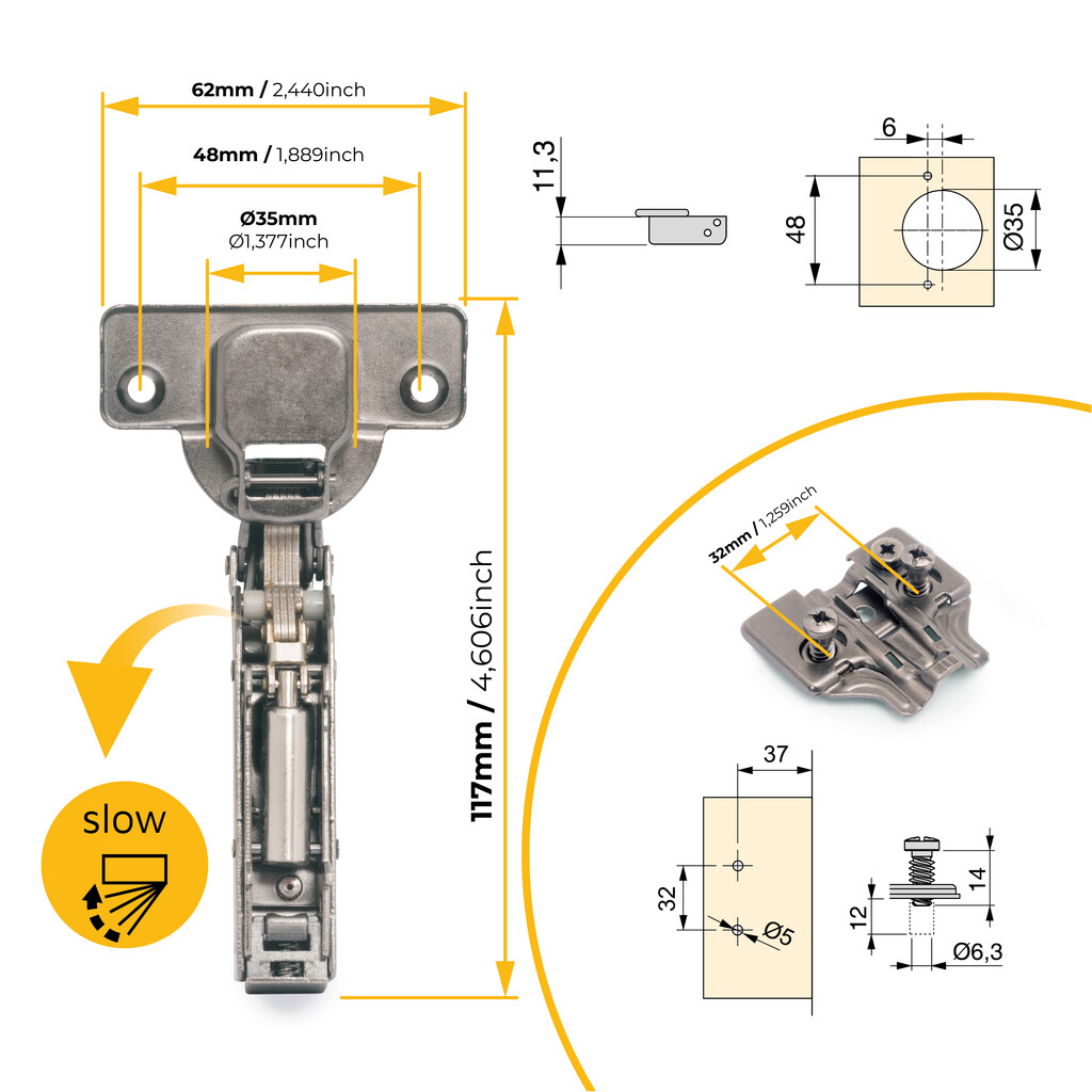 Lot of 20 X91 half Overlay hinges with soft closing and Euro screw plates, Height 0, Nickel Plated, Titanium-6