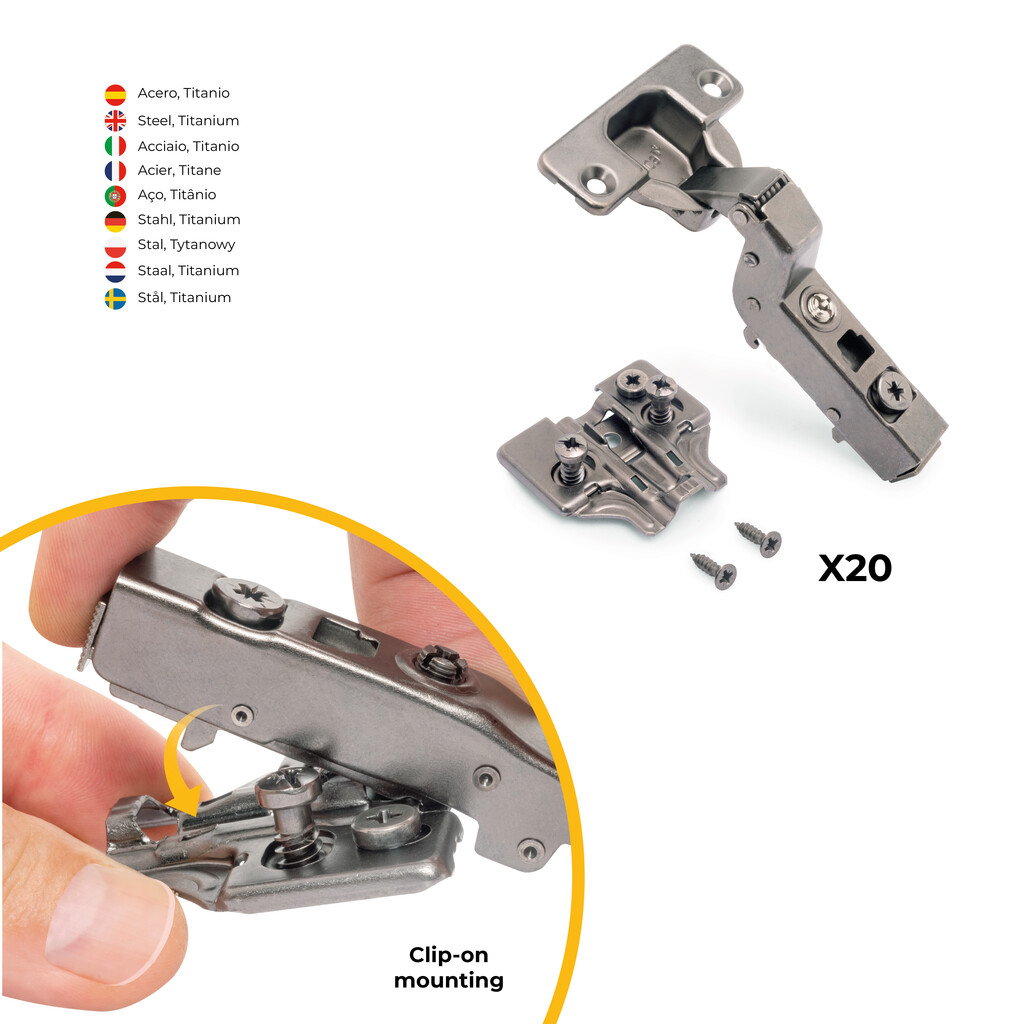 Kit von 20 Topfscharniere X91 Innenanschlag mit Schließautomatik und Euro Extras, Höhe 0, Stahl, Titan-Ausführung-5