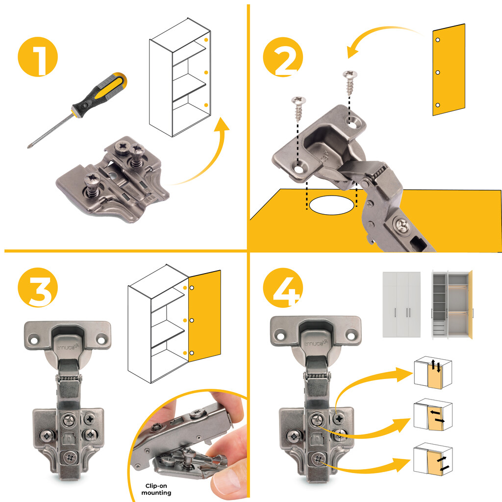 Kit von 20 Topfscharniere X91 Innenanschlag mit Schließautomatik und Euro Extras, Höhe 0, Stahl, Titan-Ausführung-10