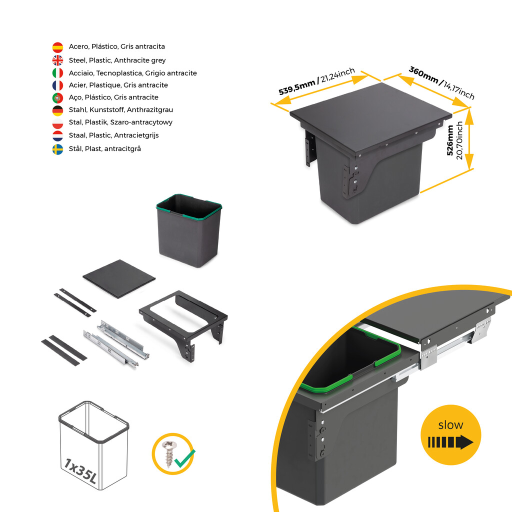 Contenedor de reciclaje para fijación lateral en mueble de cocina Recycle 1x35litros, Acero, Plástico gris antracita-12