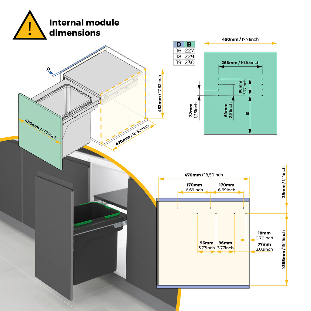 Contenedor de reciclaje para fijación lateral en mueble de cocina Recycle 1x35litros, Acero, Plástico gris antracita-3