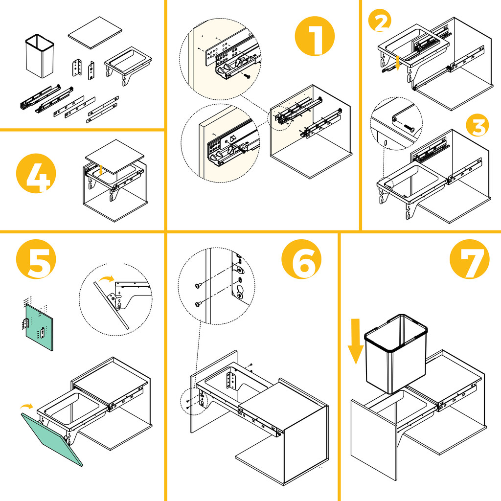 Contenedor de reciclaje para fijación lateral en mueble de cocina Recycle 1x35litros, Acero, Plástico gris antracita-13