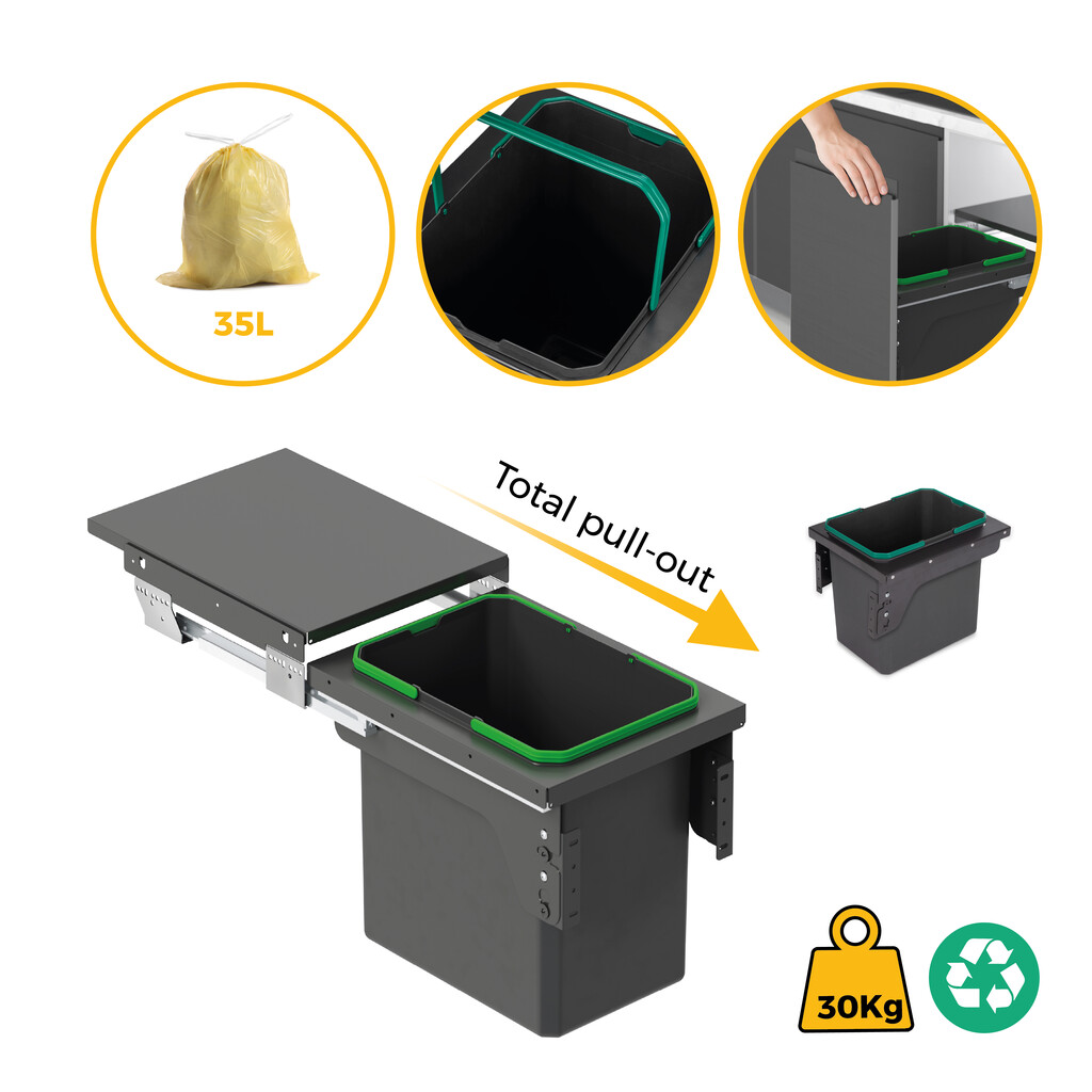 Contenedor de reciclaje para fijación lateral en mueble de cocina Recycle 1x35litros, Acero, Plástico gris antracita-14