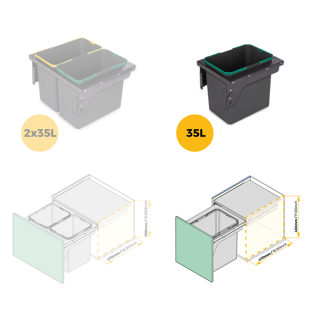 Contenedor de reciclaje para fijación lateral en mueble de cocina Recycle 1x35litros, Acero, Plástico gris antracita-15