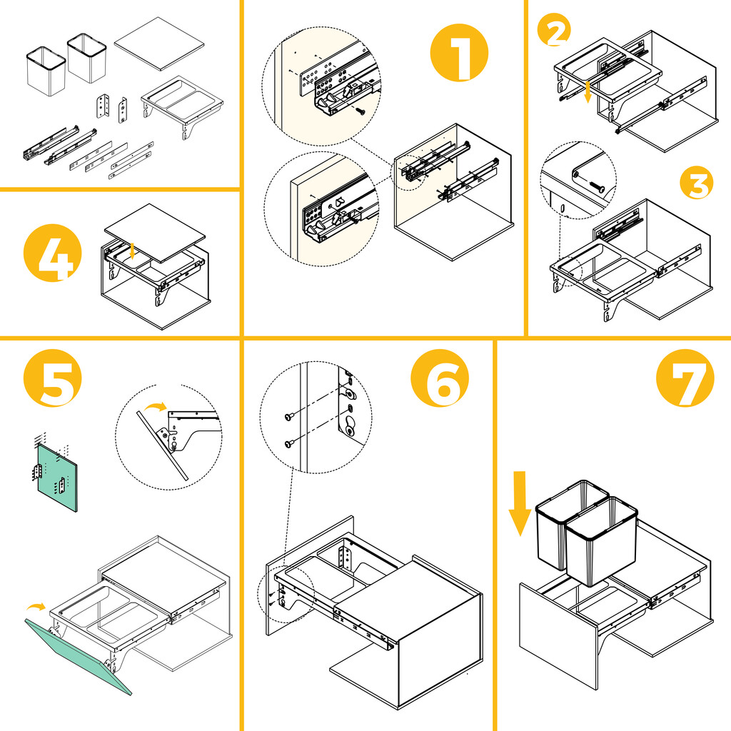Contenedor de reciclaje para fijación lateral en mueble de cocina Recycle 2x24litros, Acero, Plástico gris antracita-3