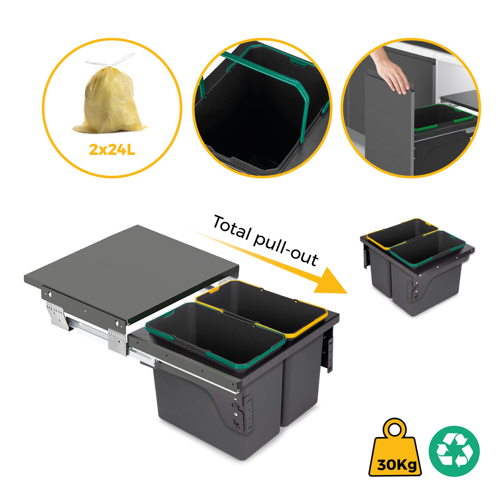 Contenedor de reciclaje para fijación lateral en mueble de cocina Recycle 2x24litros, Acero, Plástico gris antracita-11