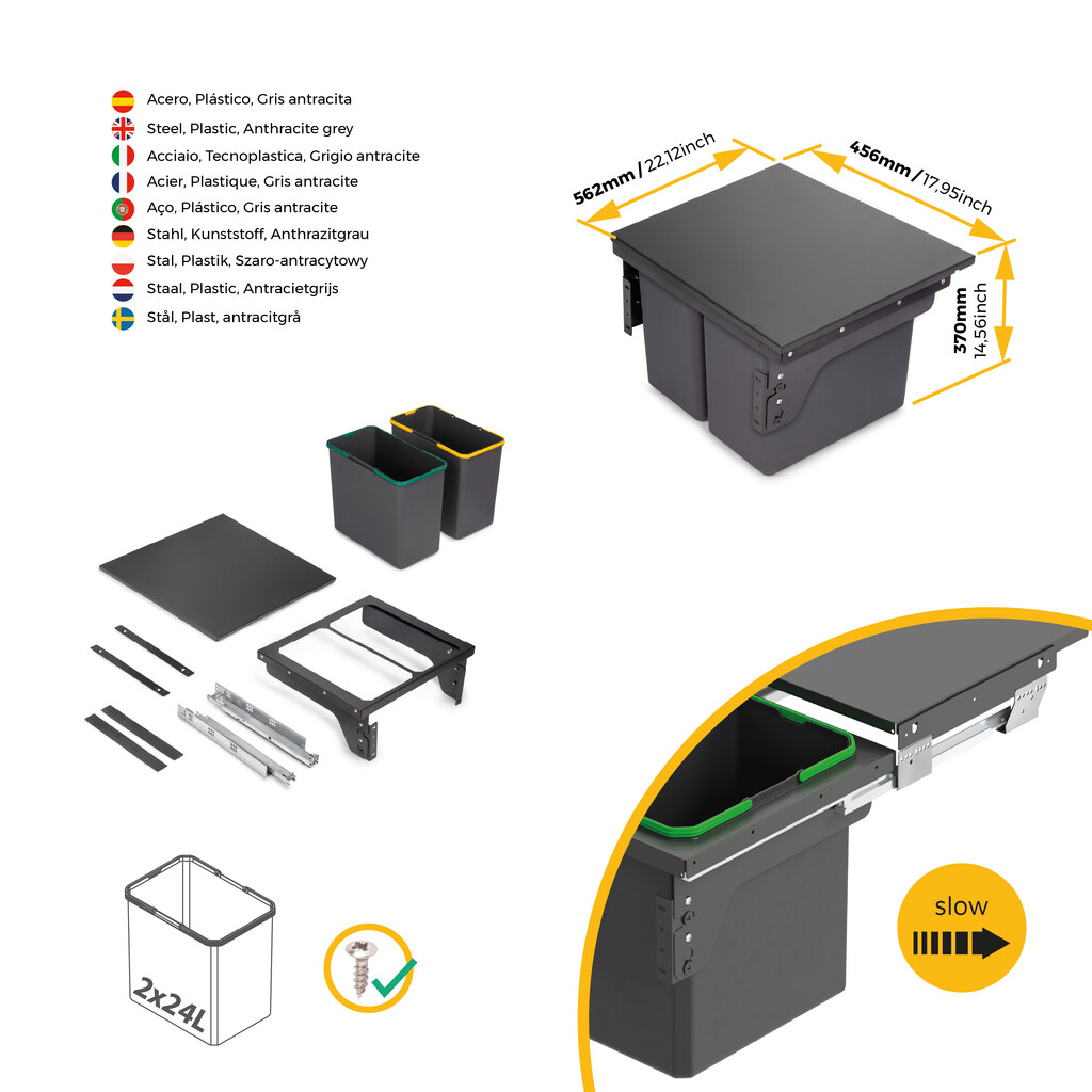 Contenedor de reciclaje para fijación lateral en mueble de cocina Recycle 2x24litros, Acero, Plástico gris antracita-12