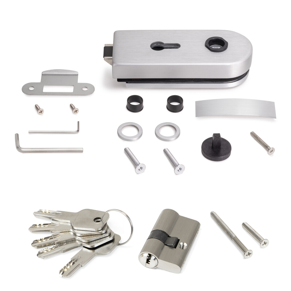 Cerradura para puerta de cristal con marco de madera, bombillo con llaves, puerta vidrio 8-12mm, acero y aluminio, anodizado mate-Primary