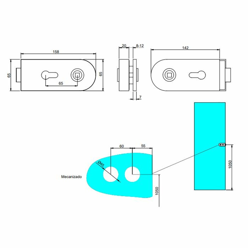  Schloss- und Schließanlagensatz für Doppelglastür, horizontaler Riegel Glastür 8-12mm, Stahl und Aluminium, matt eloxiert-1