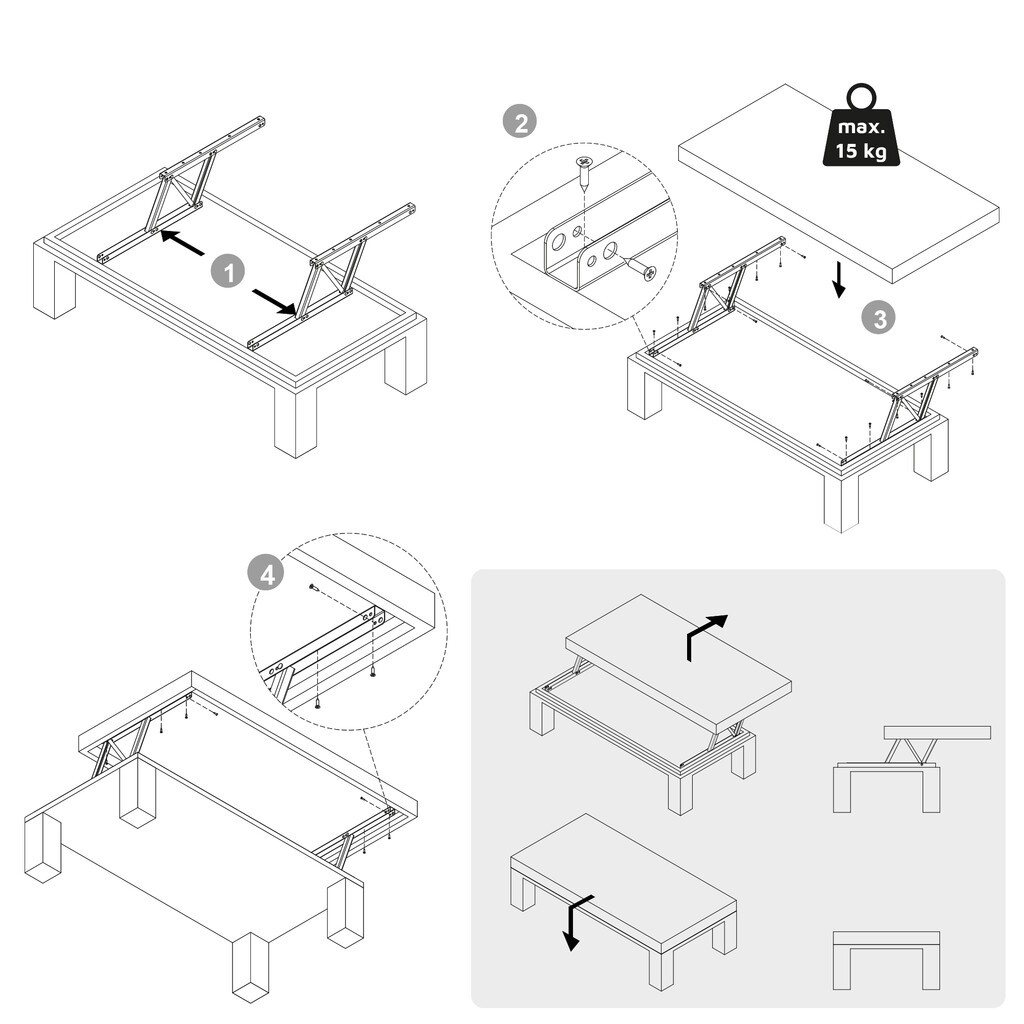 Set of lift-up mechanisms for coffee tables, allows table to be raised 192mm, Steel, Black painted-3