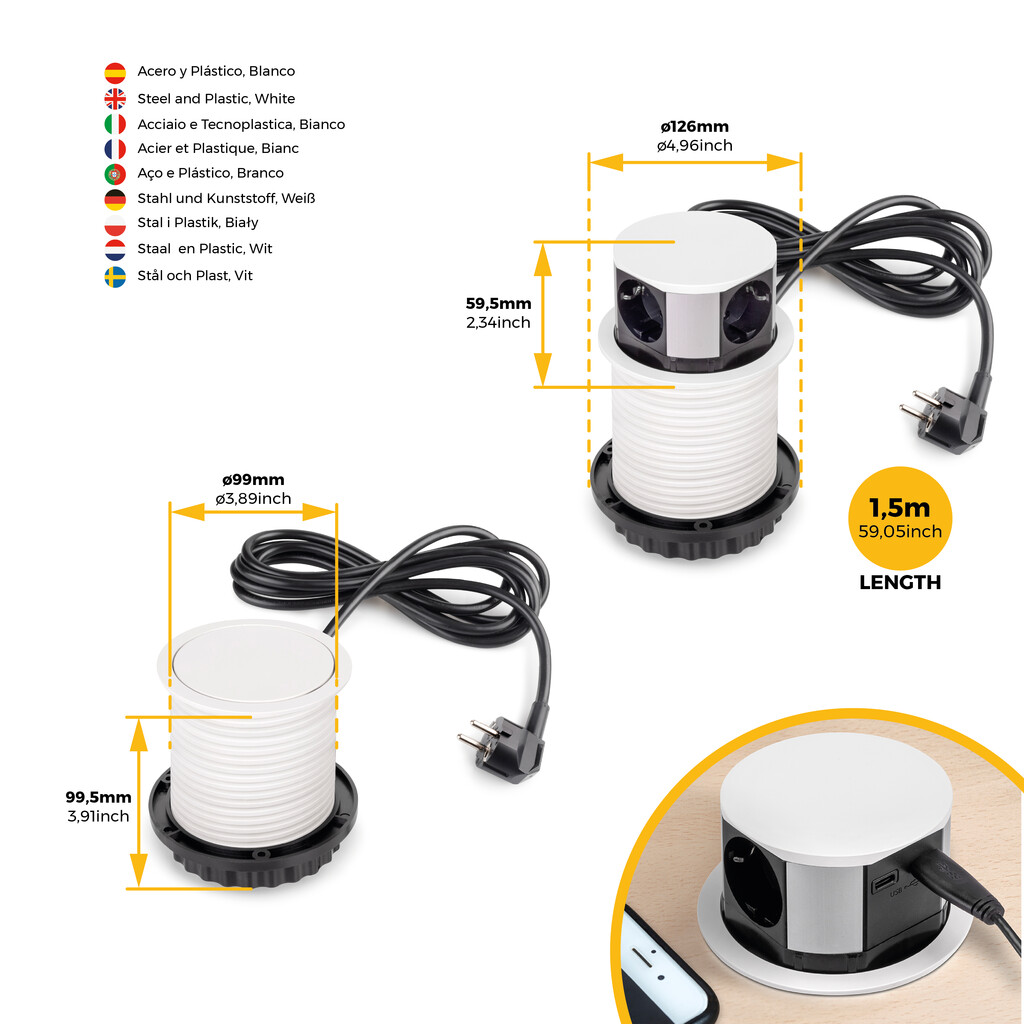 Multiconector extraíble Vertikal Push diámetro 100mm, 3 enchufes tipo Schuko, 1 USB tipo A, 1 USB tipo C, Acero y Plástico, Pintado blanco-8