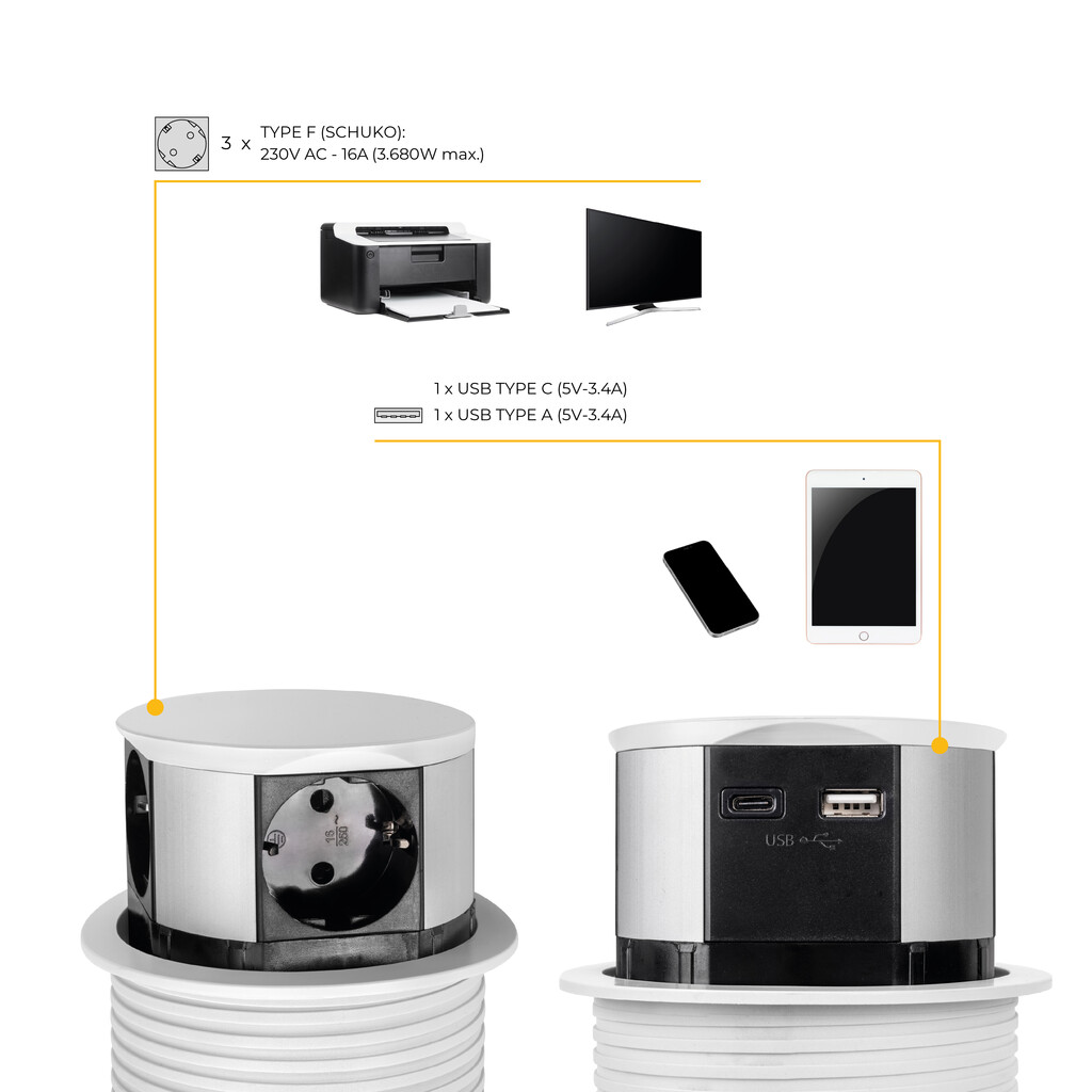 Multiconector extraíble Vertikal Push diámetro 100mm, 3 enchufes tipo Schuko, 1 USB tipo A, 1 USB tipo C, Acero y Plástico, Pintado blanco-9