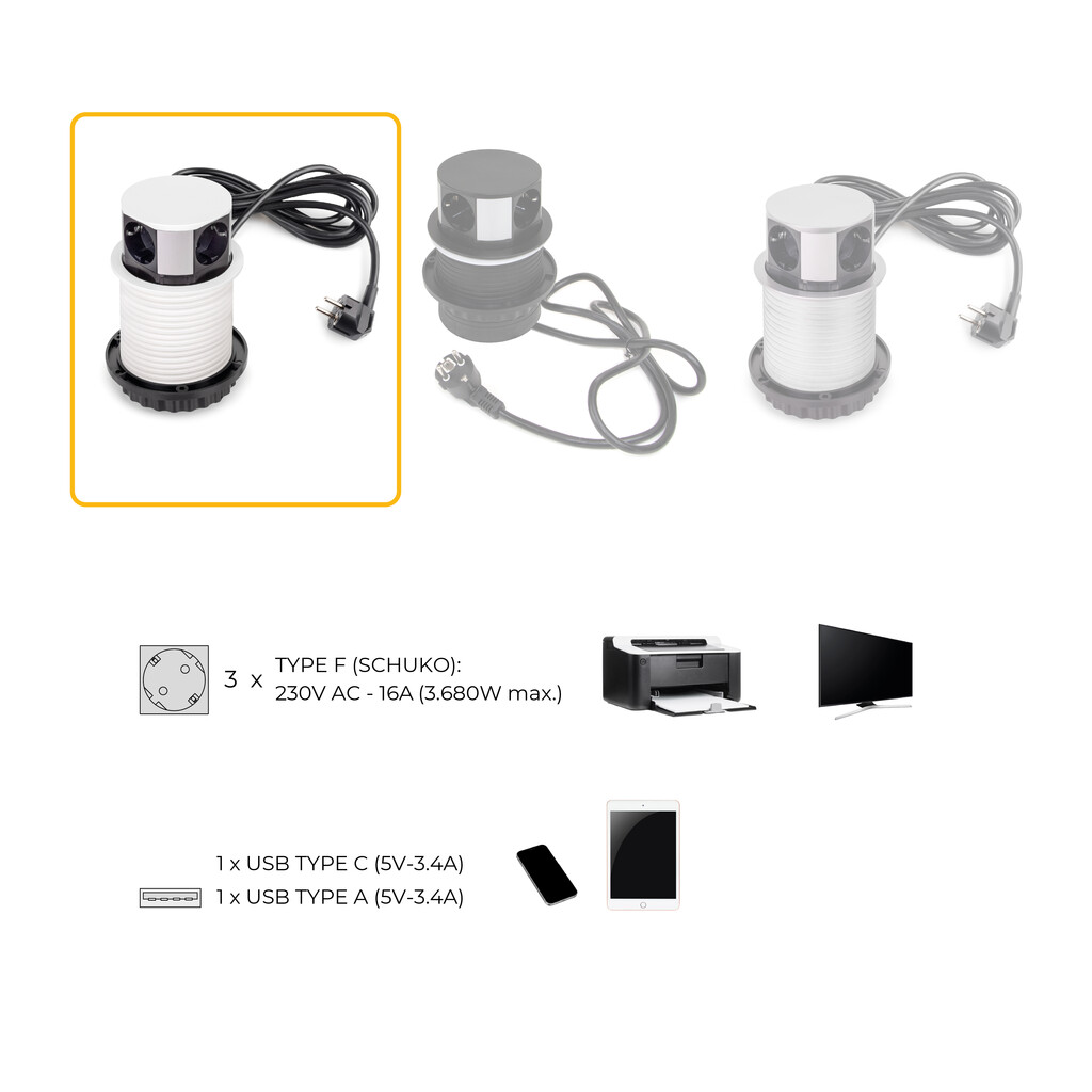 Multiconector extraíble Vertikal Push diámetro 100mm, 3 enchufes tipo Schuko, 1 USB tipo A, 1 USB tipo C, Acero y Plástico, Pintado blanco-11