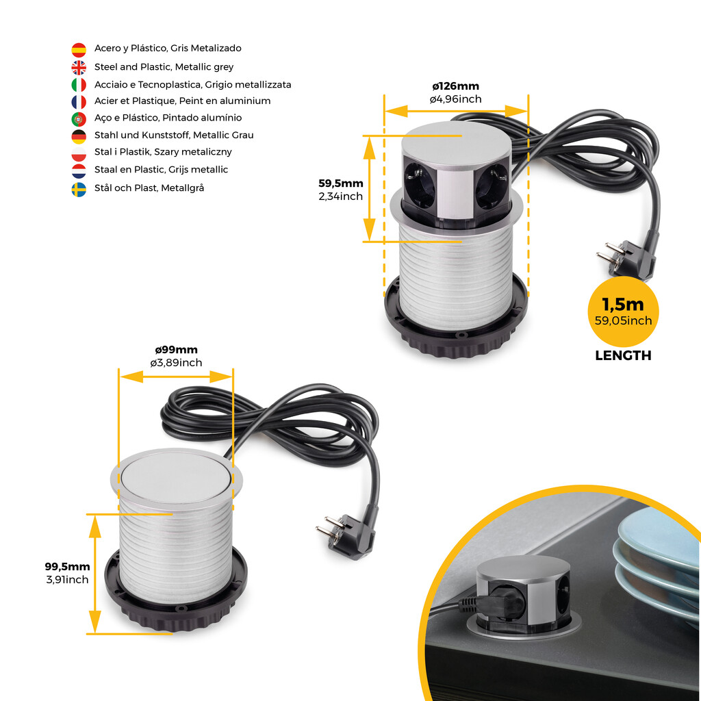 Multiconnettore Vertikal Push diametro 100mm, 3 spine di tipo Schuko, 1 USB tipo A, 1 USB tipo C, Acciaio e Tecnoplastica, Verniciato alluminio-8