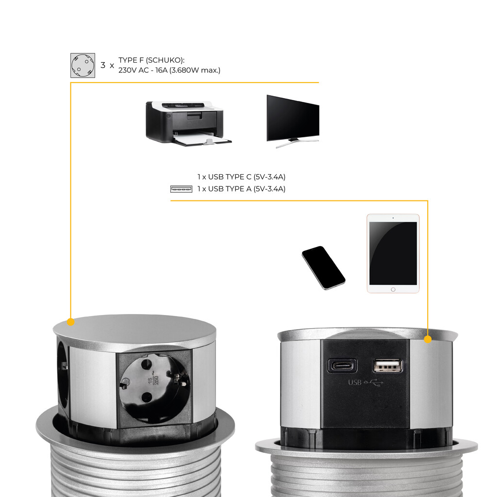 Multiconnettore Vertikal Push diametro 100mm, 3 spine di tipo Schuko, 1 USB tipo A, 1 USB tipo C, Acciaio e Tecnoplastica, Verniciato alluminio-9