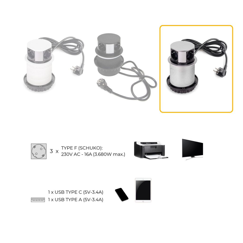 Multiconnettore Vertikal Push diametro 100mm, 3 spine di tipo Schuko, 1 USB tipo A, 1 USB tipo C, Acciaio e Tecnoplastica, Verniciato alluminio-11