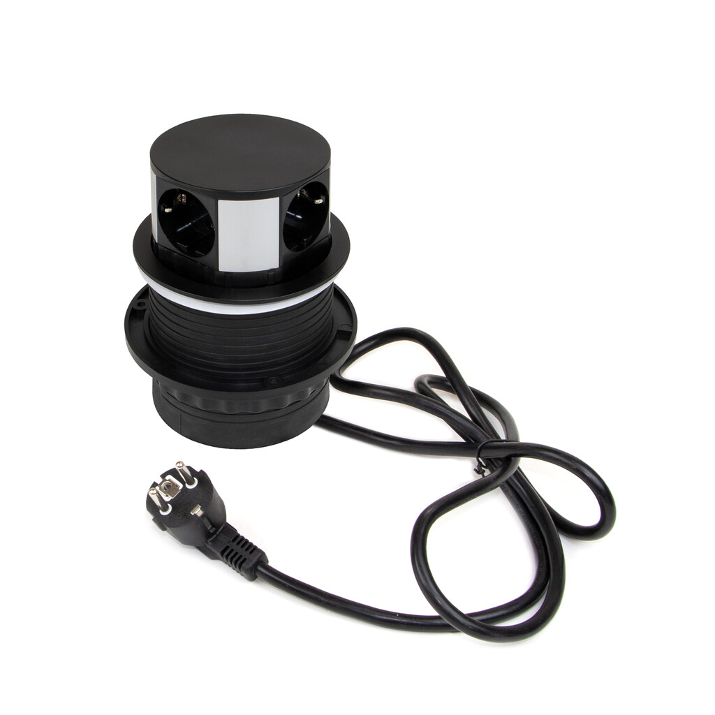 Vertikal Push multi connector diameter 100mm, 3 Schuko type stekkers, 1 USB type A, 1 USB type C, Staal en Kunststof, Zwart-Primary